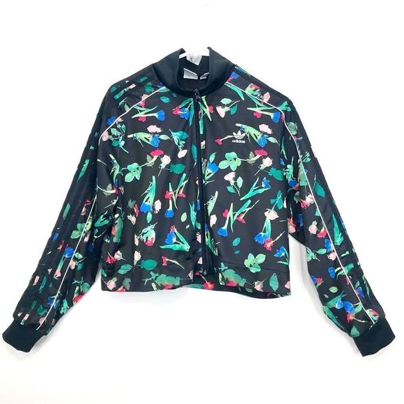 Adidas Originals BELLISTA Black Floral Print Cropped Trefoil Track Jacket - Picture 10 of 16